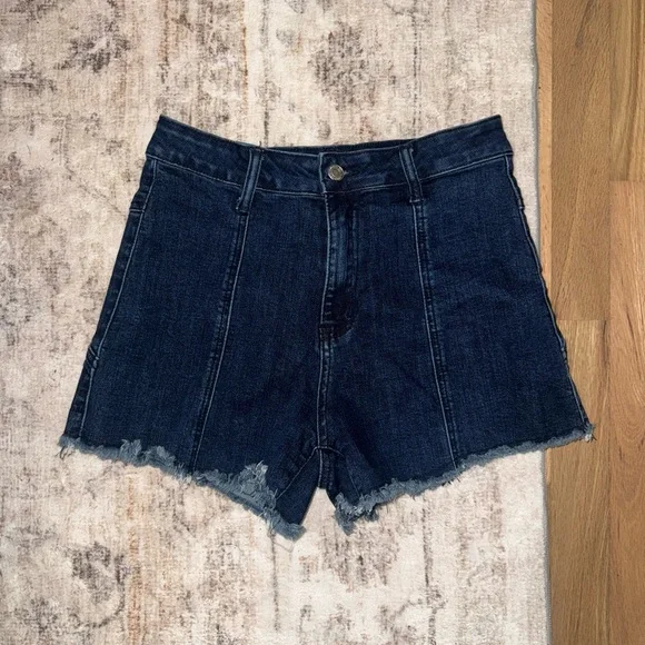 Buckle Dark Blue Denim Shorts with Tan Star Patches - Picture 2 of 2